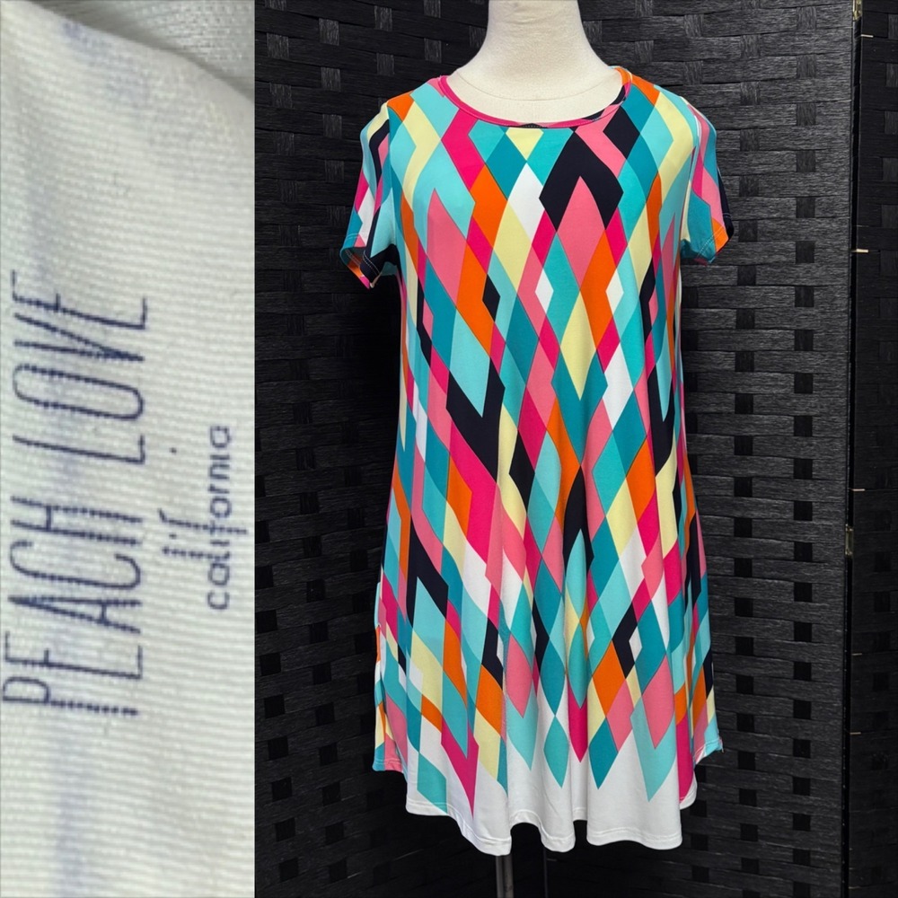 Peach Love California Women Small Swing Dress Multicolor Geometric Harlequin Mod